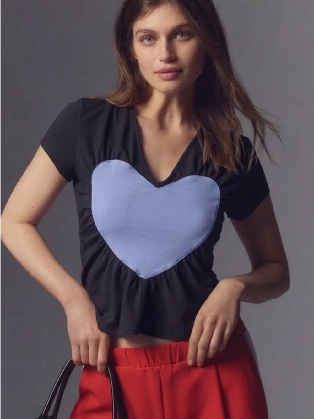 Maeve Black Crop Tee with Lavender Heart